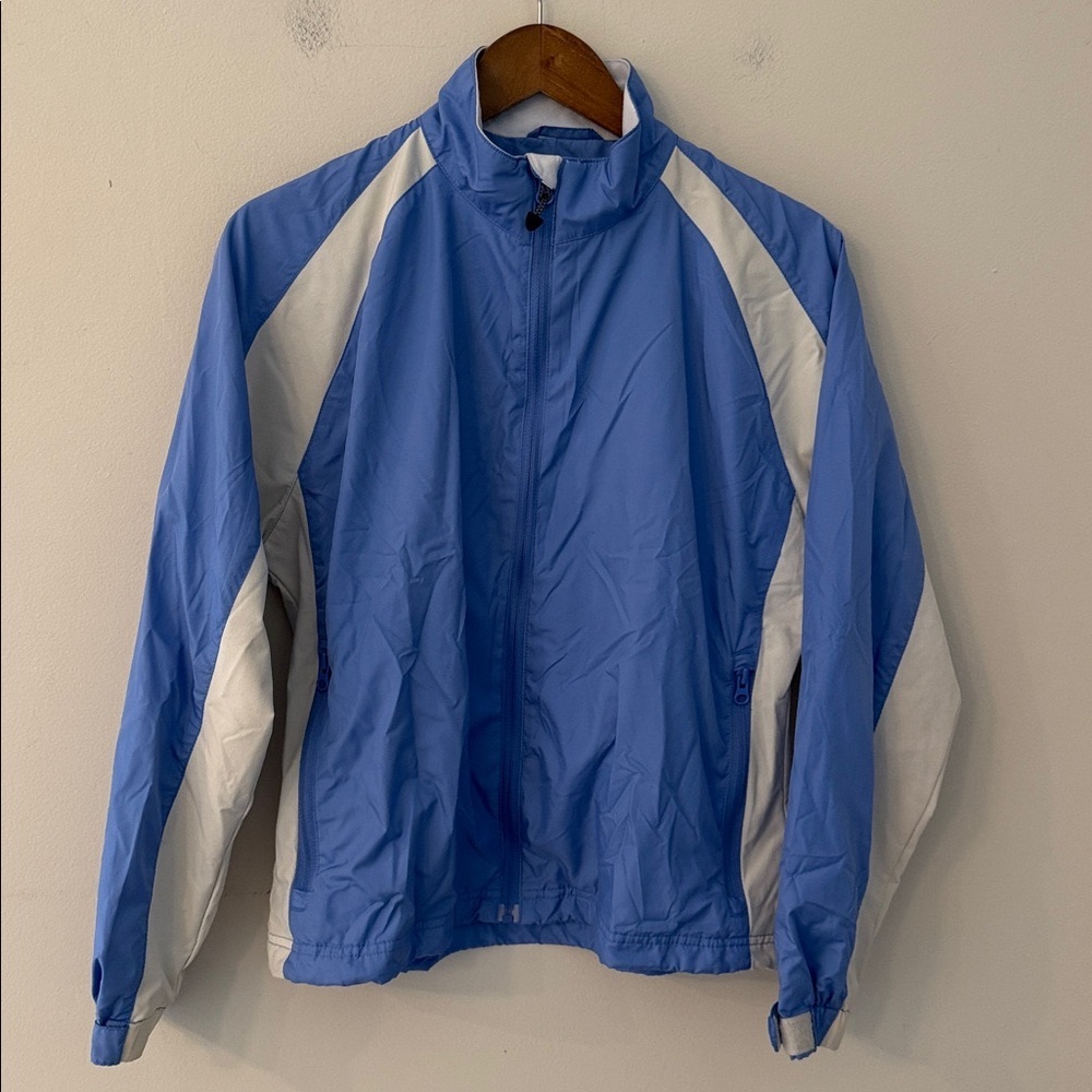 Tehama Light Blue & white windbreaker Outerwear zips pockets mesh lining SZ Med